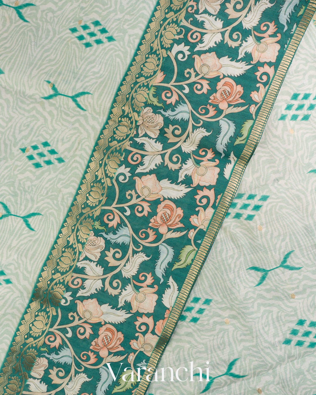 Mint Green Digital Printed Pure Chiniya Silk Saree