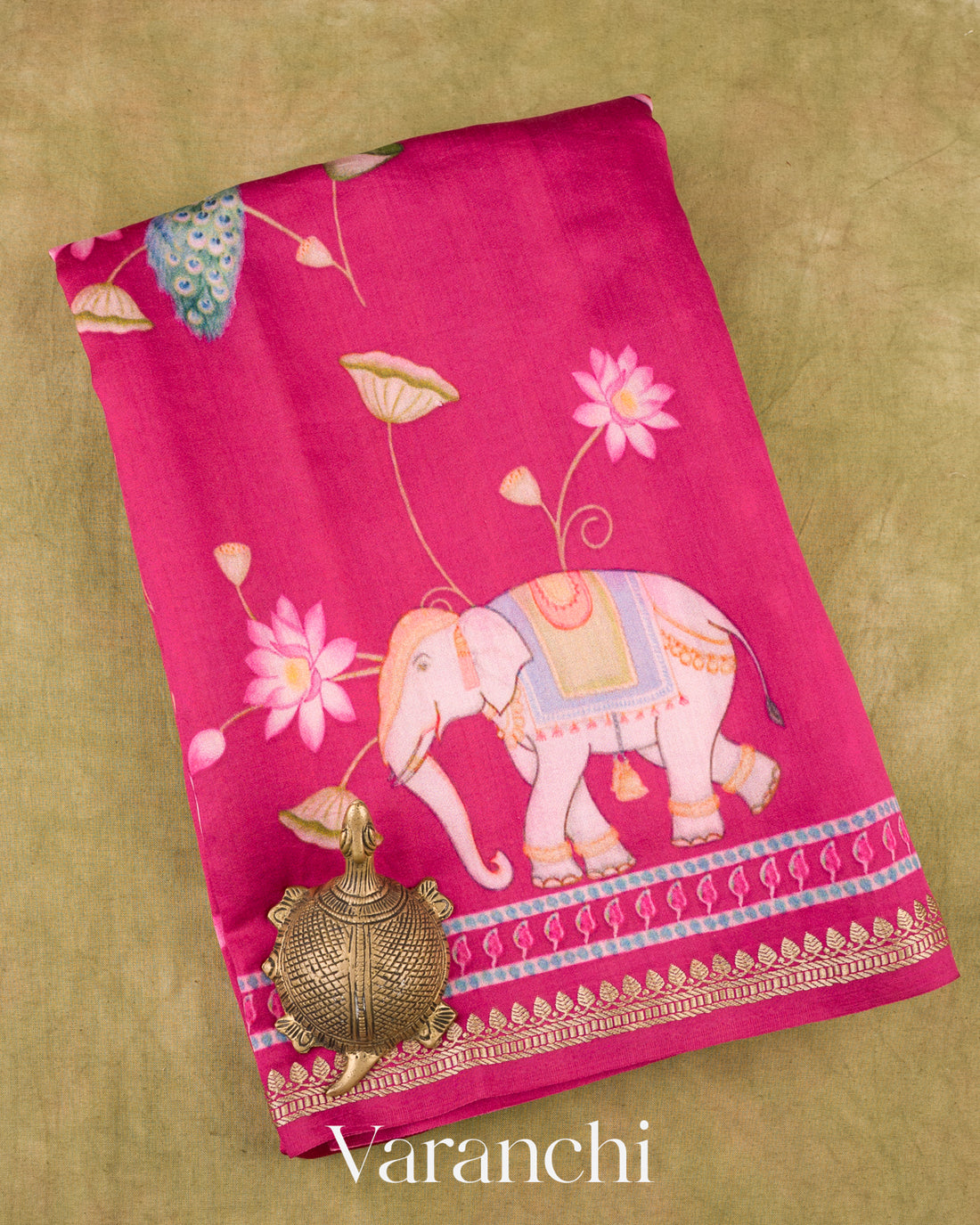Magenta Pink Digital Printed Pure Chiniya Silk Saree