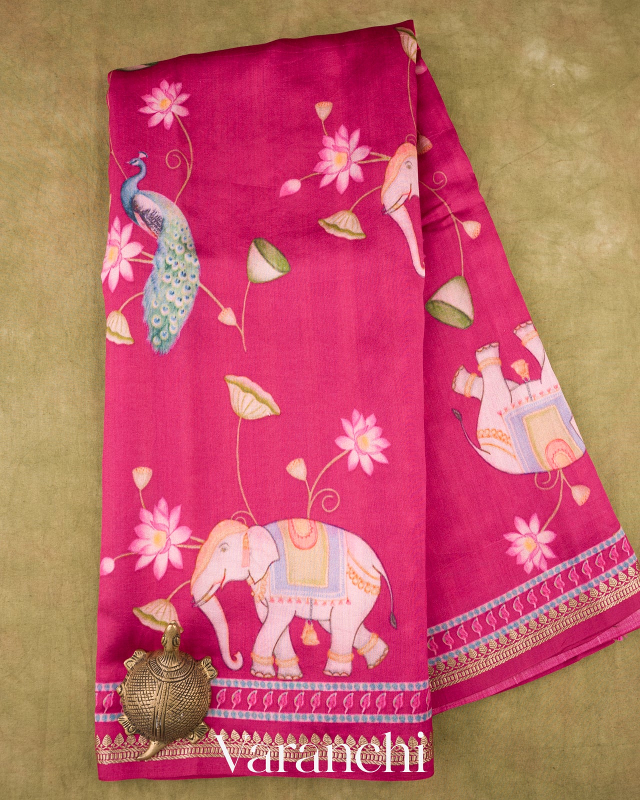 Magenta Pink Digital Printed Pure Chiniya Silk Saree