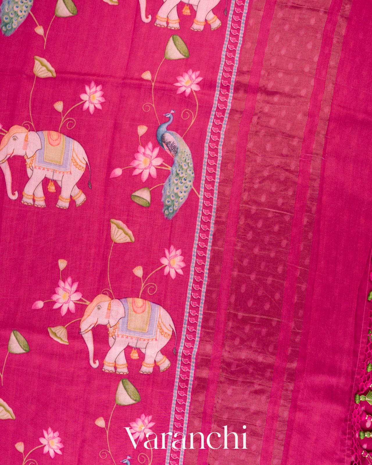 Magenta Pink Digital Printed Pure Chiniya Silk Saree