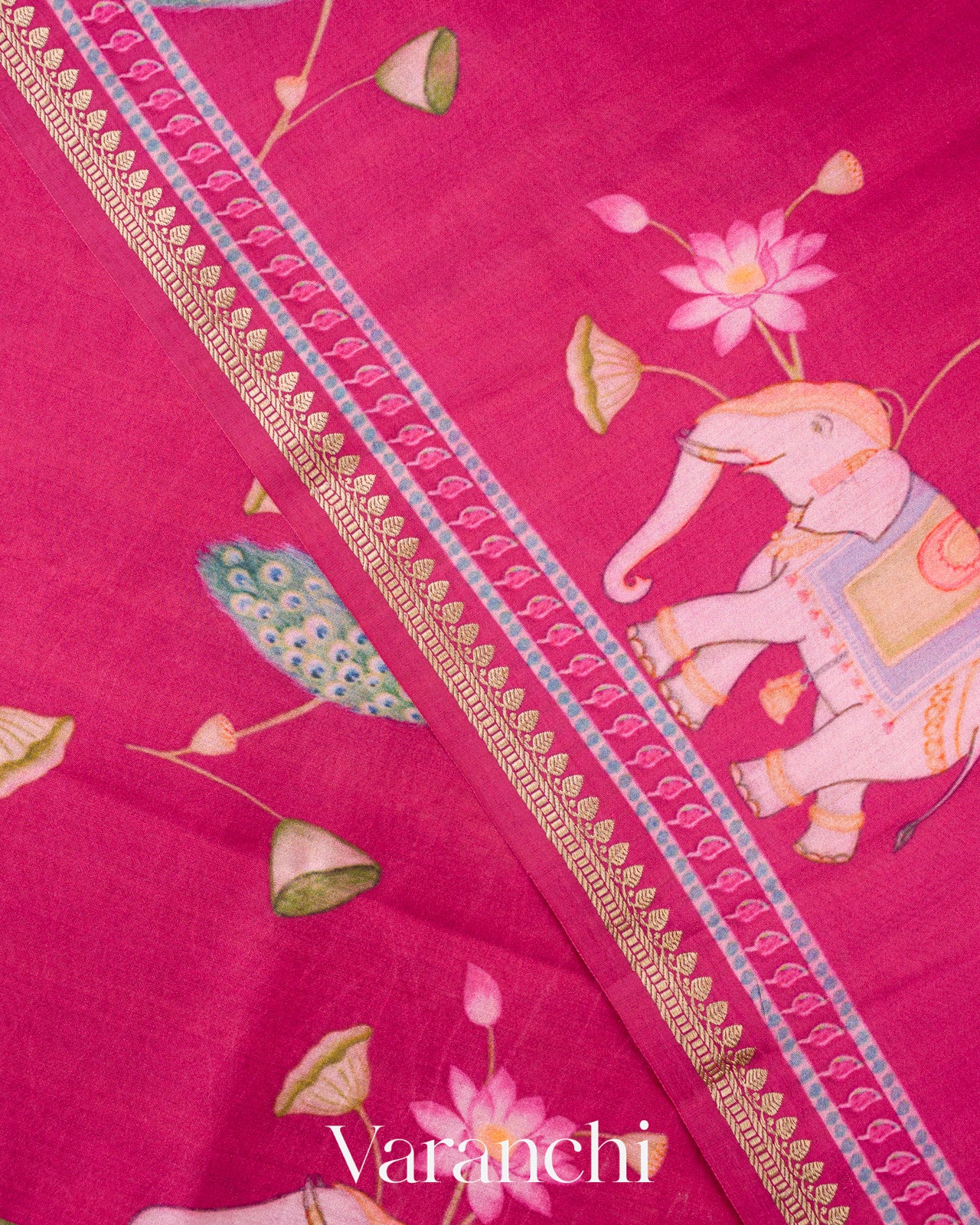 Magenta Pink Digital Printed Pure Chiniya Silk Saree
