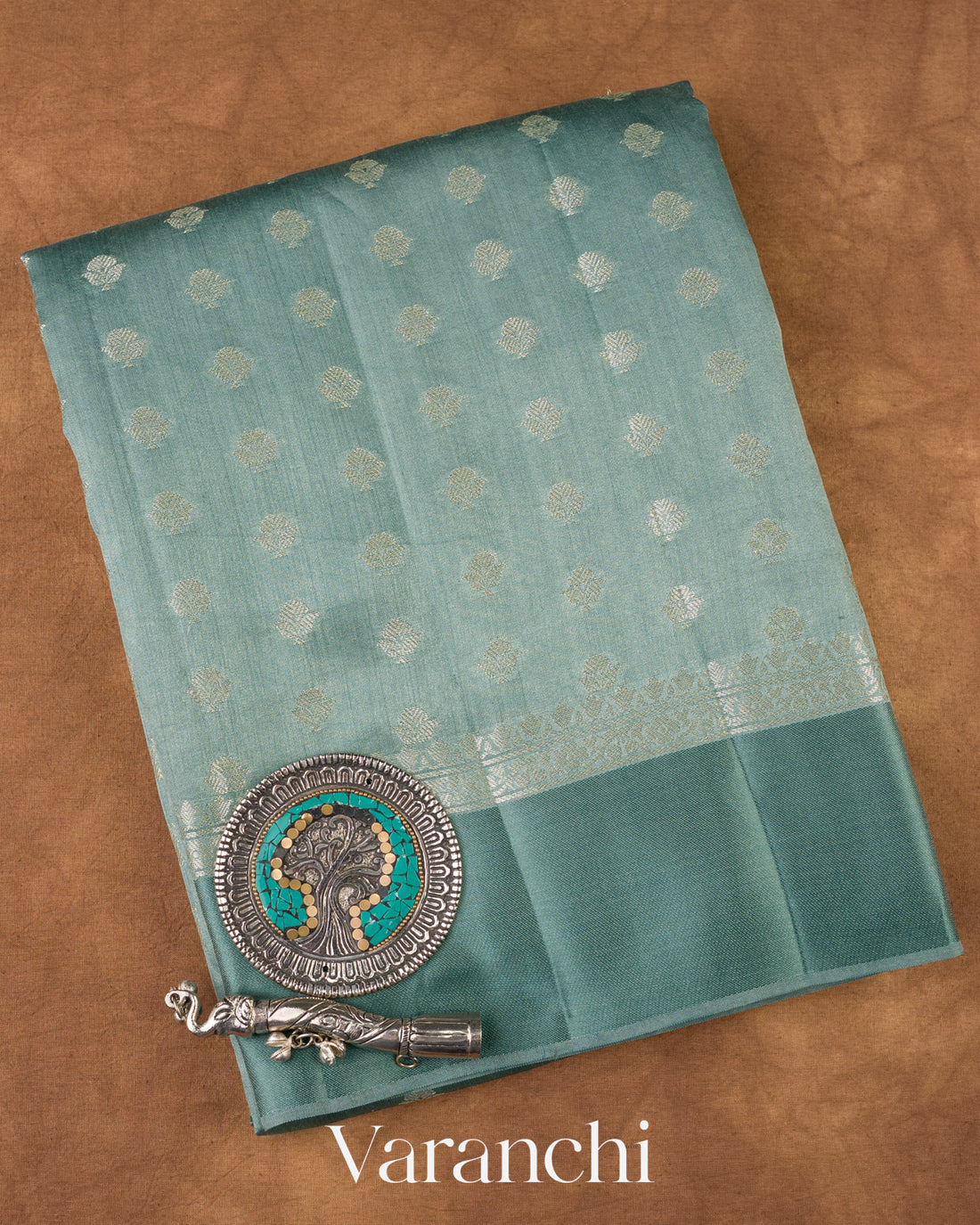Teal Blue Pure Chiniya Silk Saree  