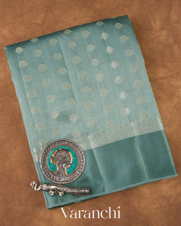 Teal Blue Pure Chiniya Silk Saree  