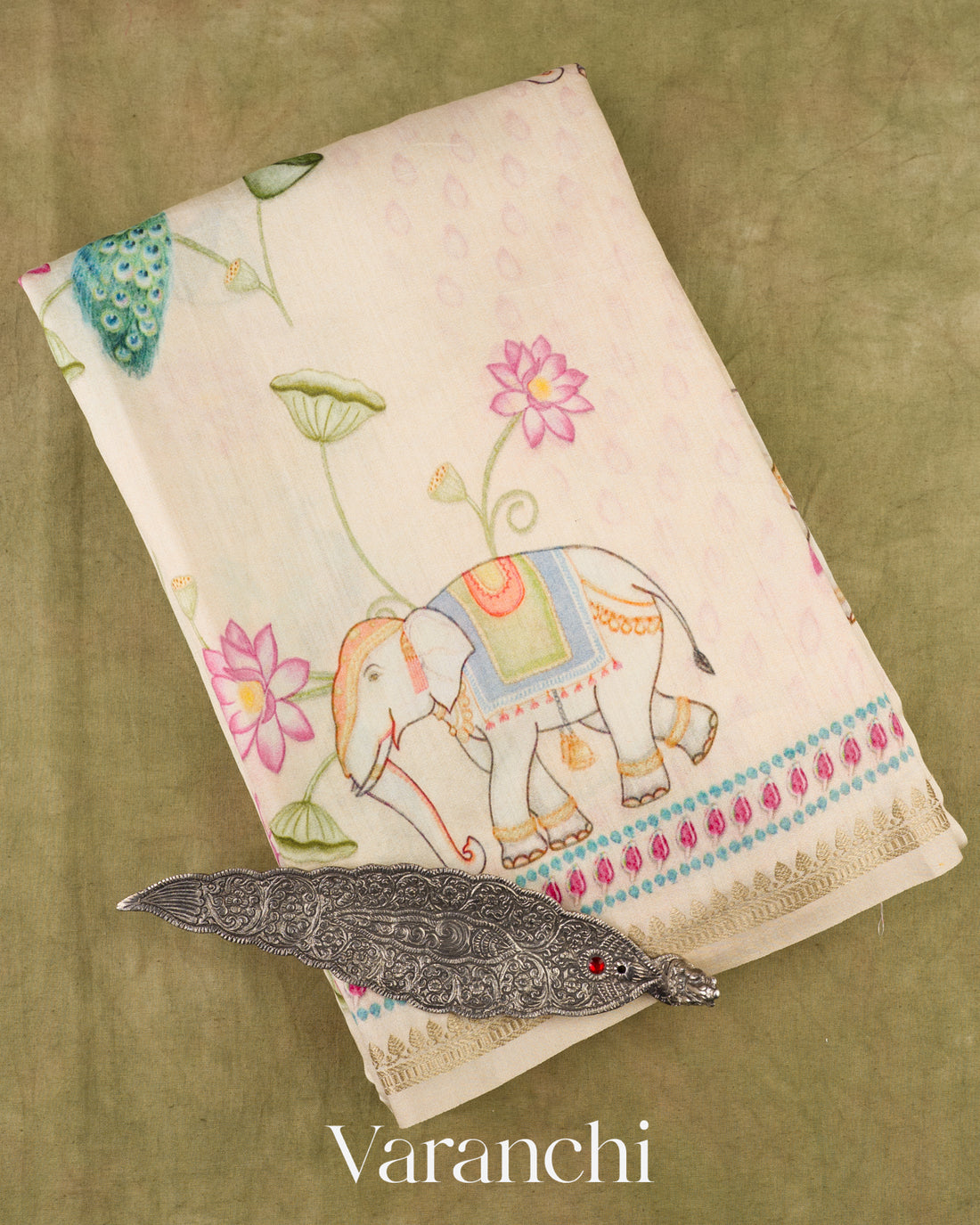 Off White Digital Printed Pure Chiniya Silk Saree