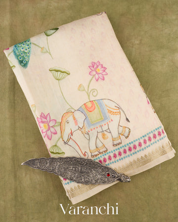 Off White Digital Printed Pure Chiniya Silk Saree