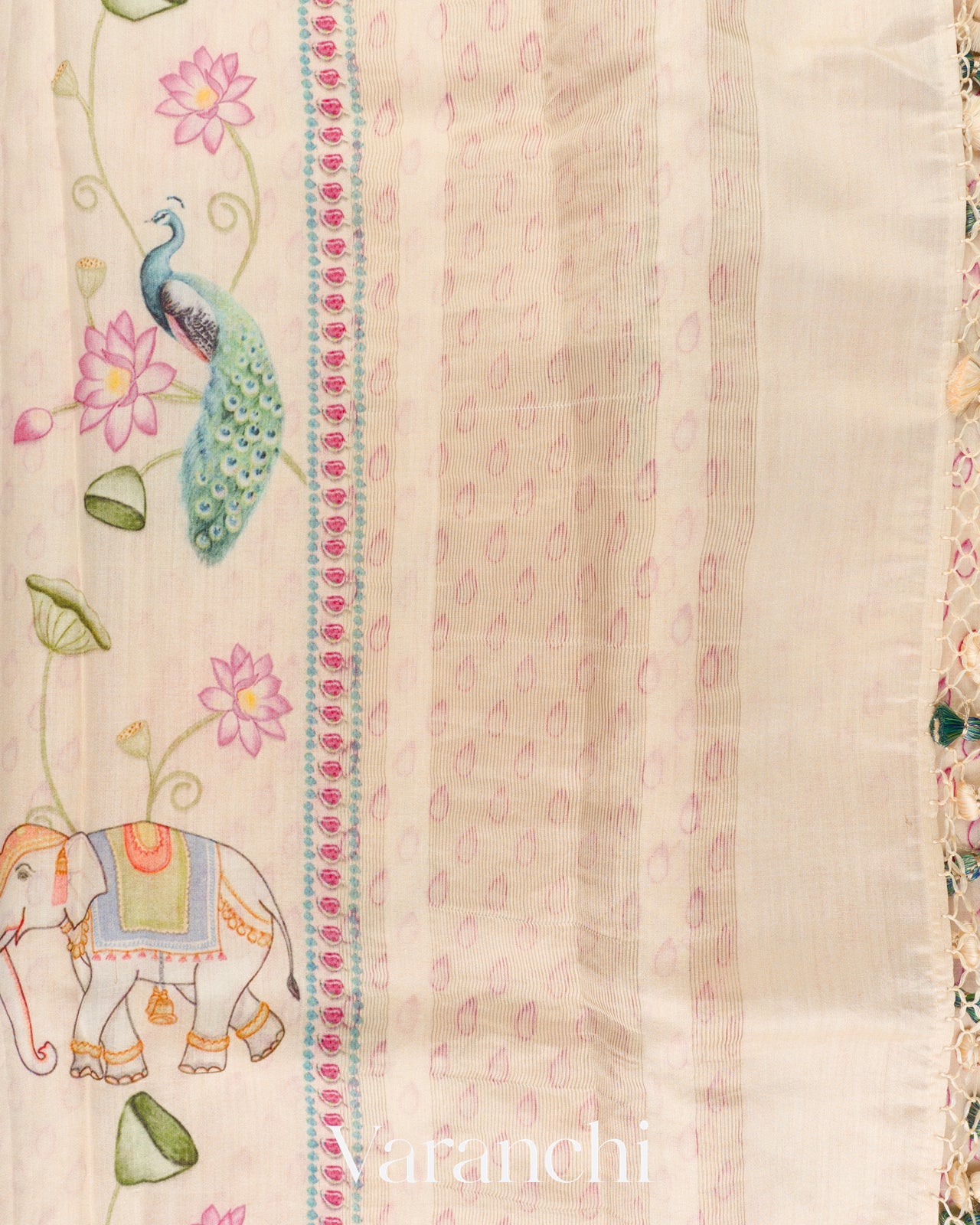 Off White Digital Printed Pure Chiniya Silk Saree