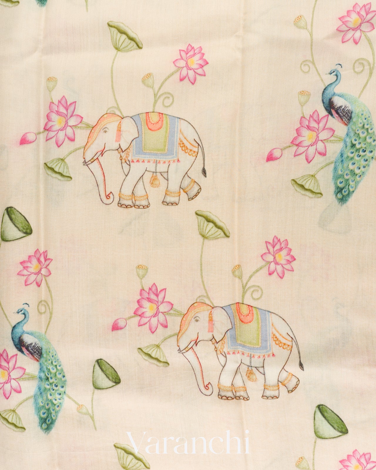 Off White Digital Printed Pure Chiniya Silk Saree