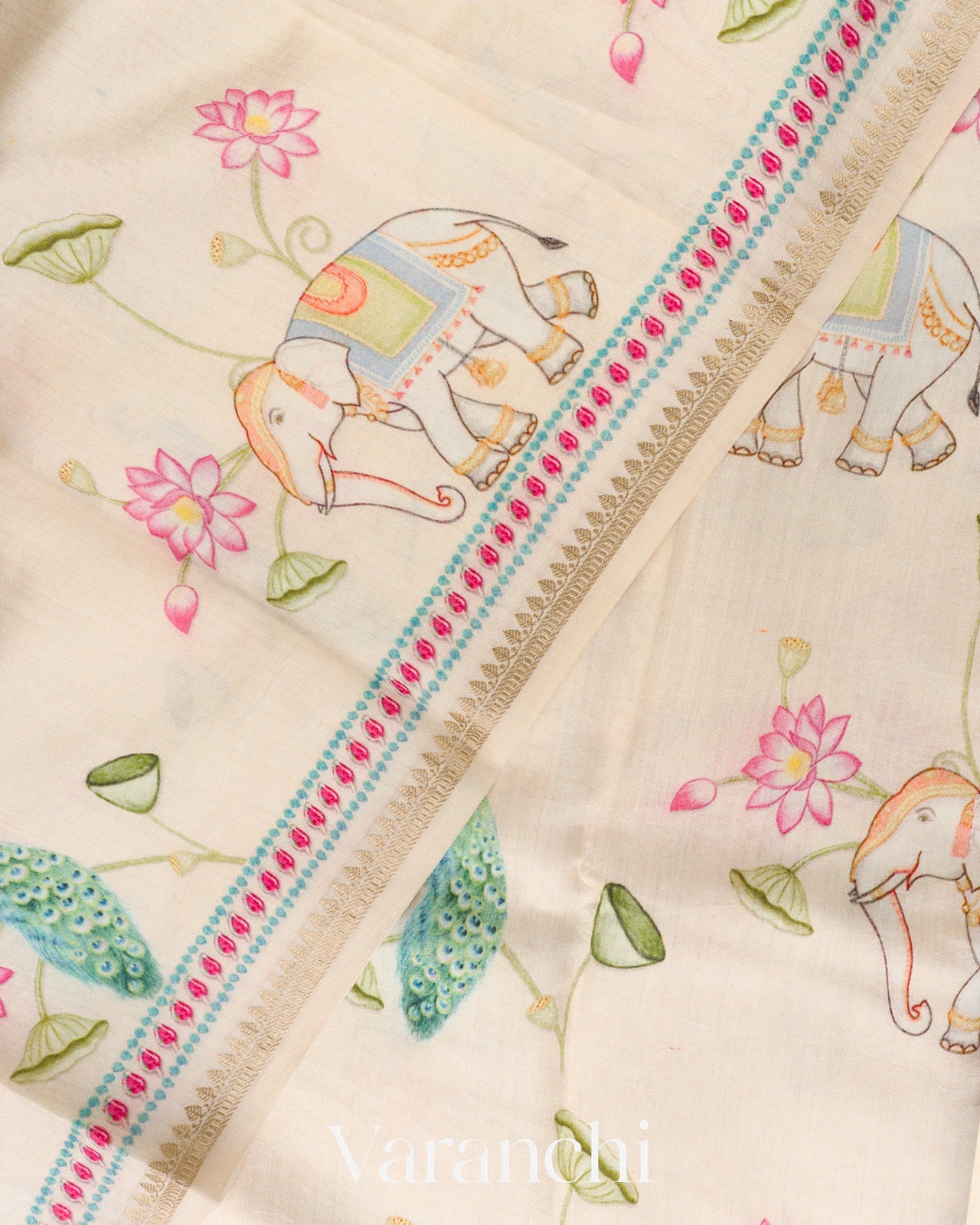 Off White Digital Printed Pure Chiniya Silk Saree