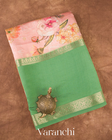 Blush Peach Pink Digital Printed Pure Chiniya Silk Saree