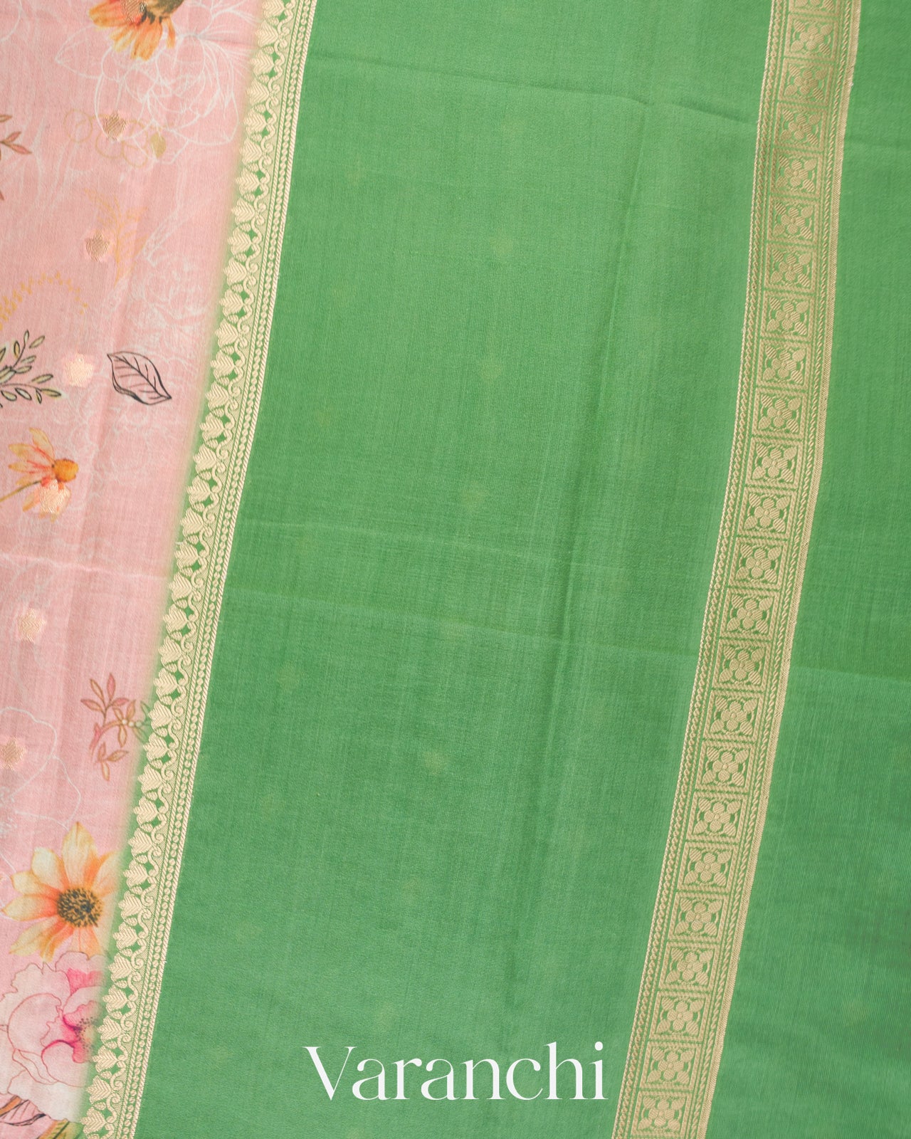 Blush Peach Pink Digital Printed Pure Chiniya Silk Saree