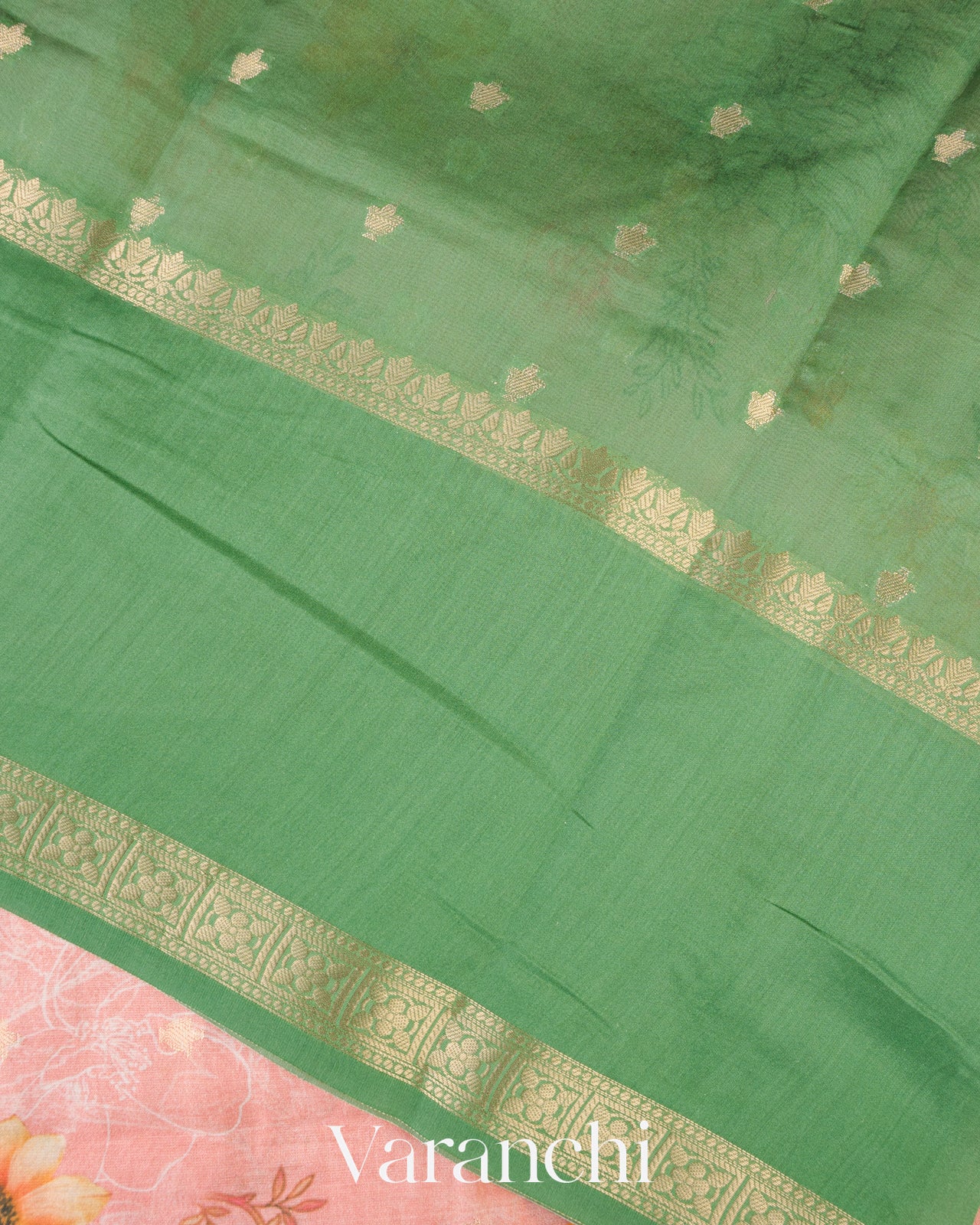 Blush Peach Pink Digital Printed Pure Chiniya Silk Saree