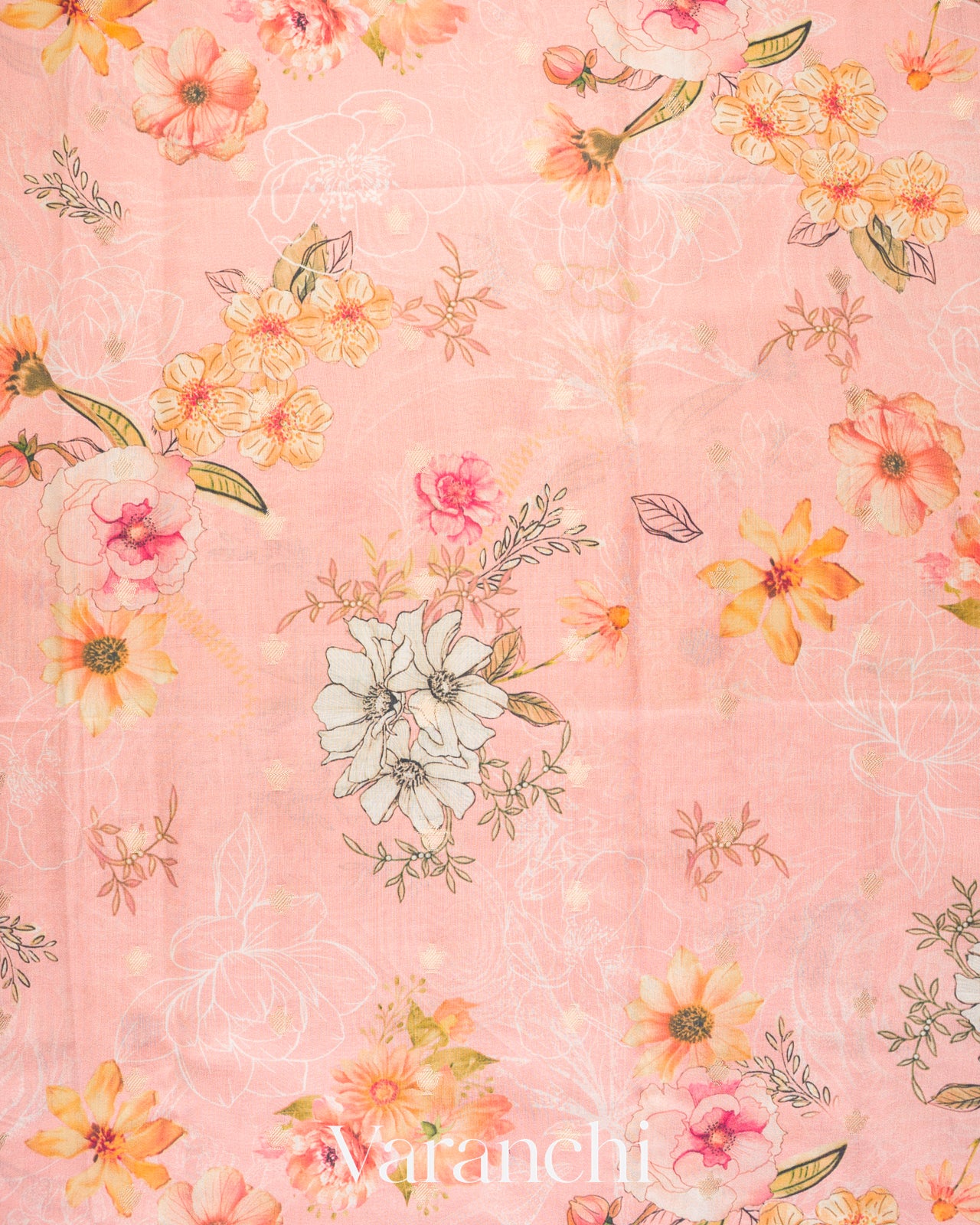 Blush Peach Pink Digital Printed Pure Chiniya Silk Saree