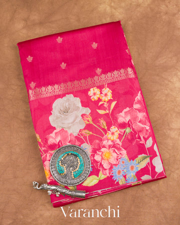 Rani Pink Digital Printed Pure Chiniya Silk Saree