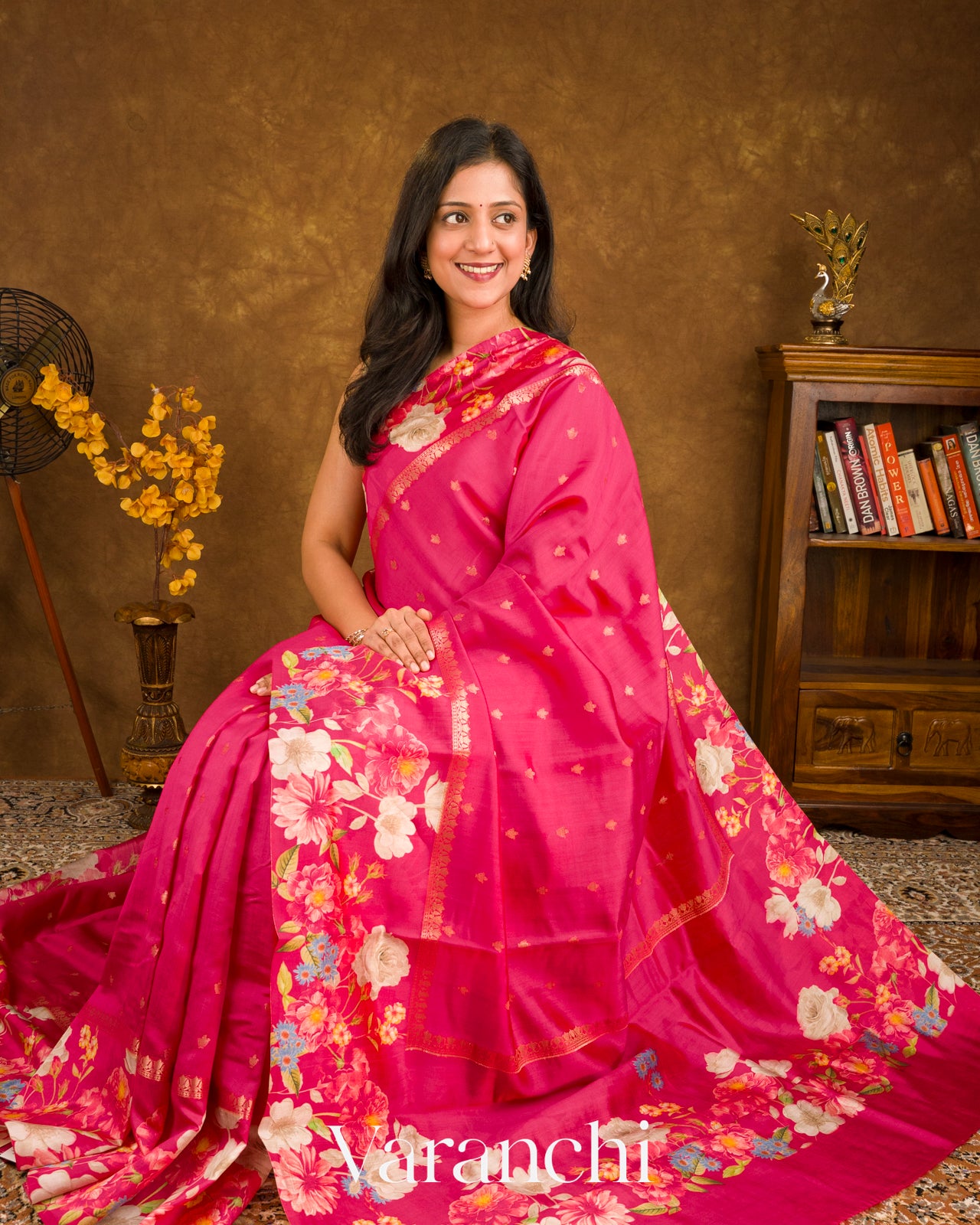 Rani Pink Digital Printed Pure Chiniya Silk Saree