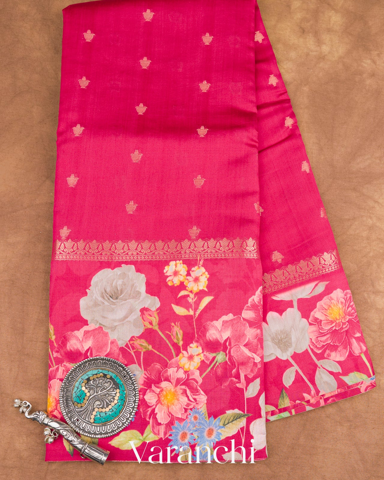 Rani Pink Digital Printed Pure Chiniya Silk Saree