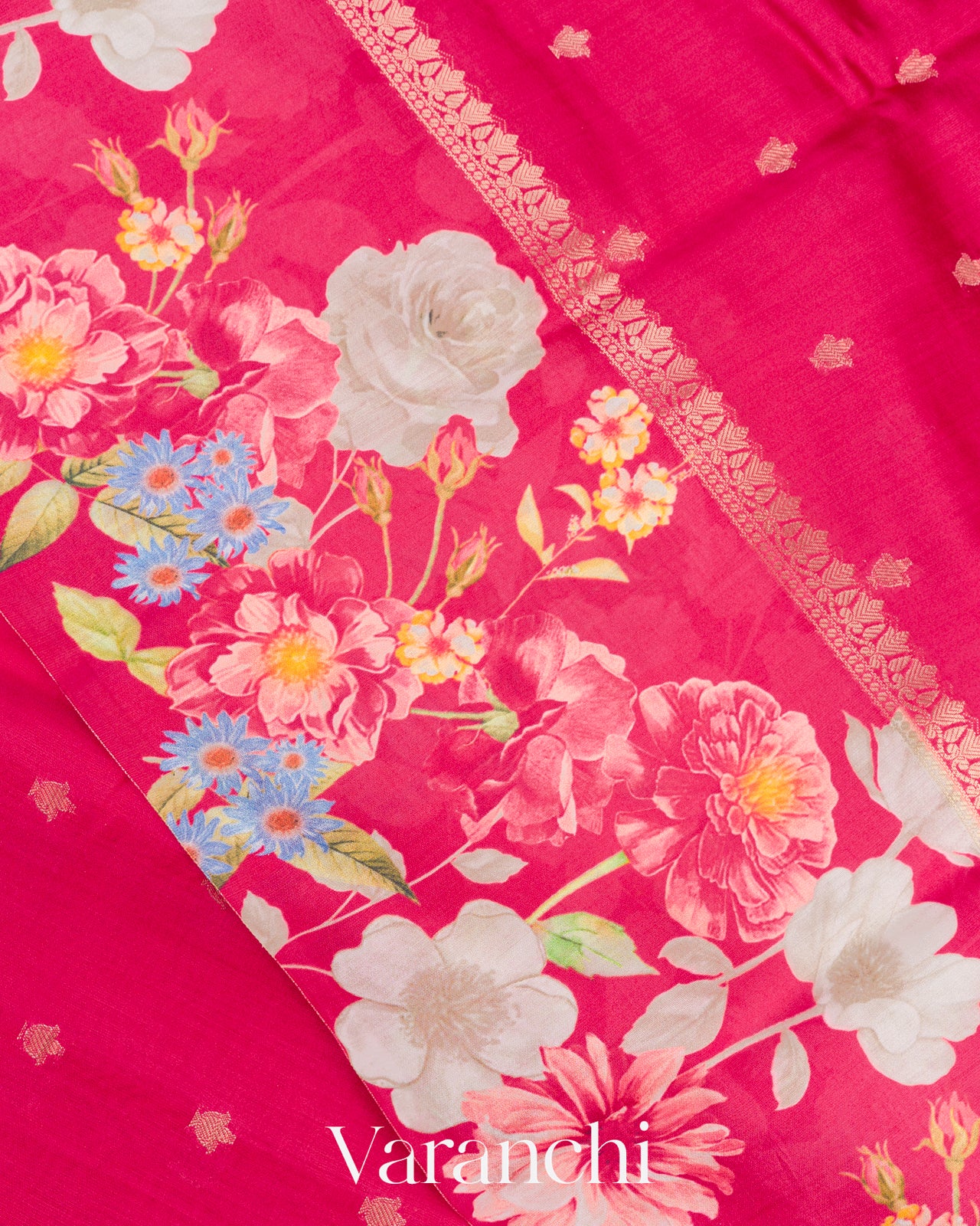 Rani Pink Digital Printed Pure Chiniya Silk Saree