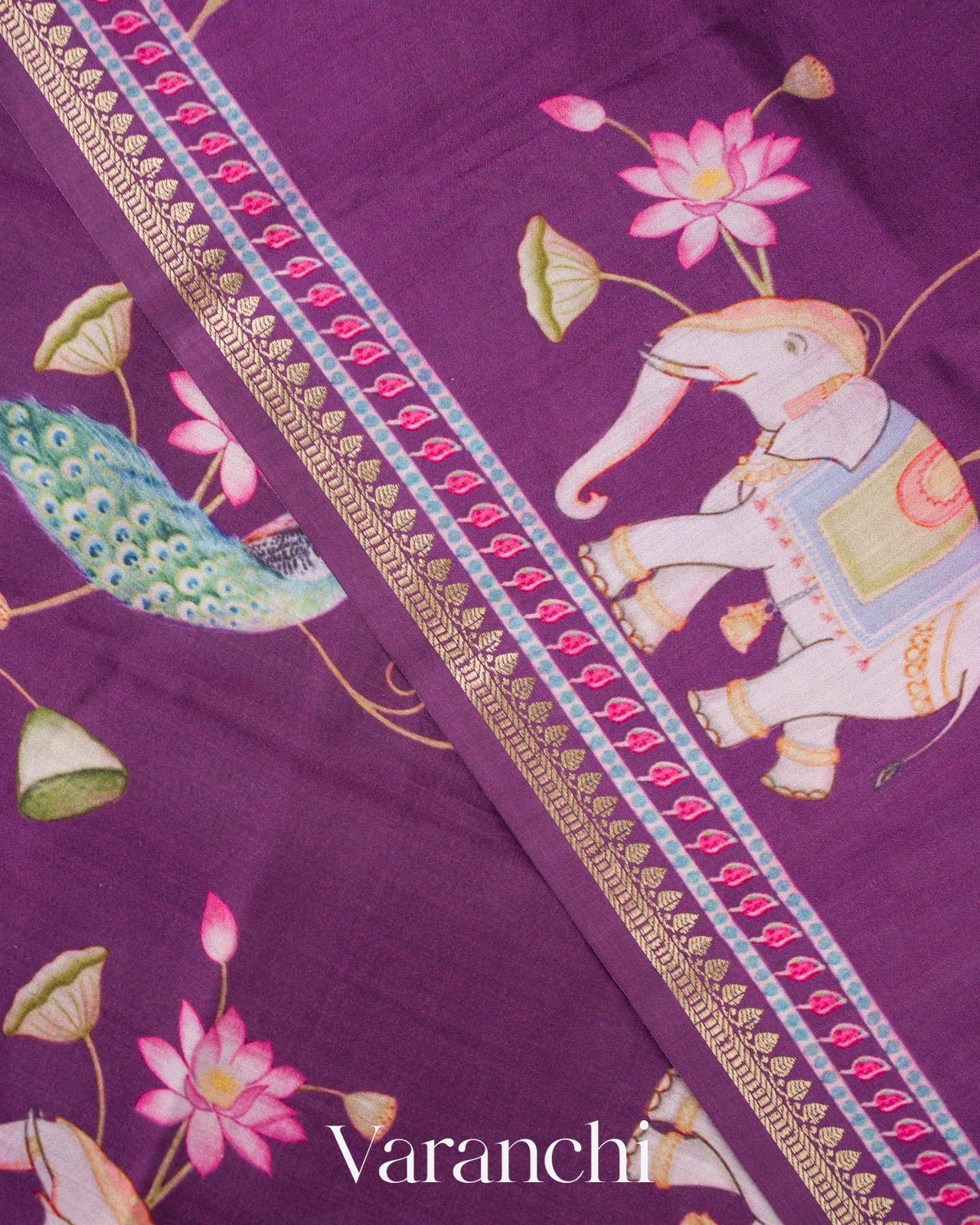 Purple Digital Printed Pure Chiniya Silk Saree