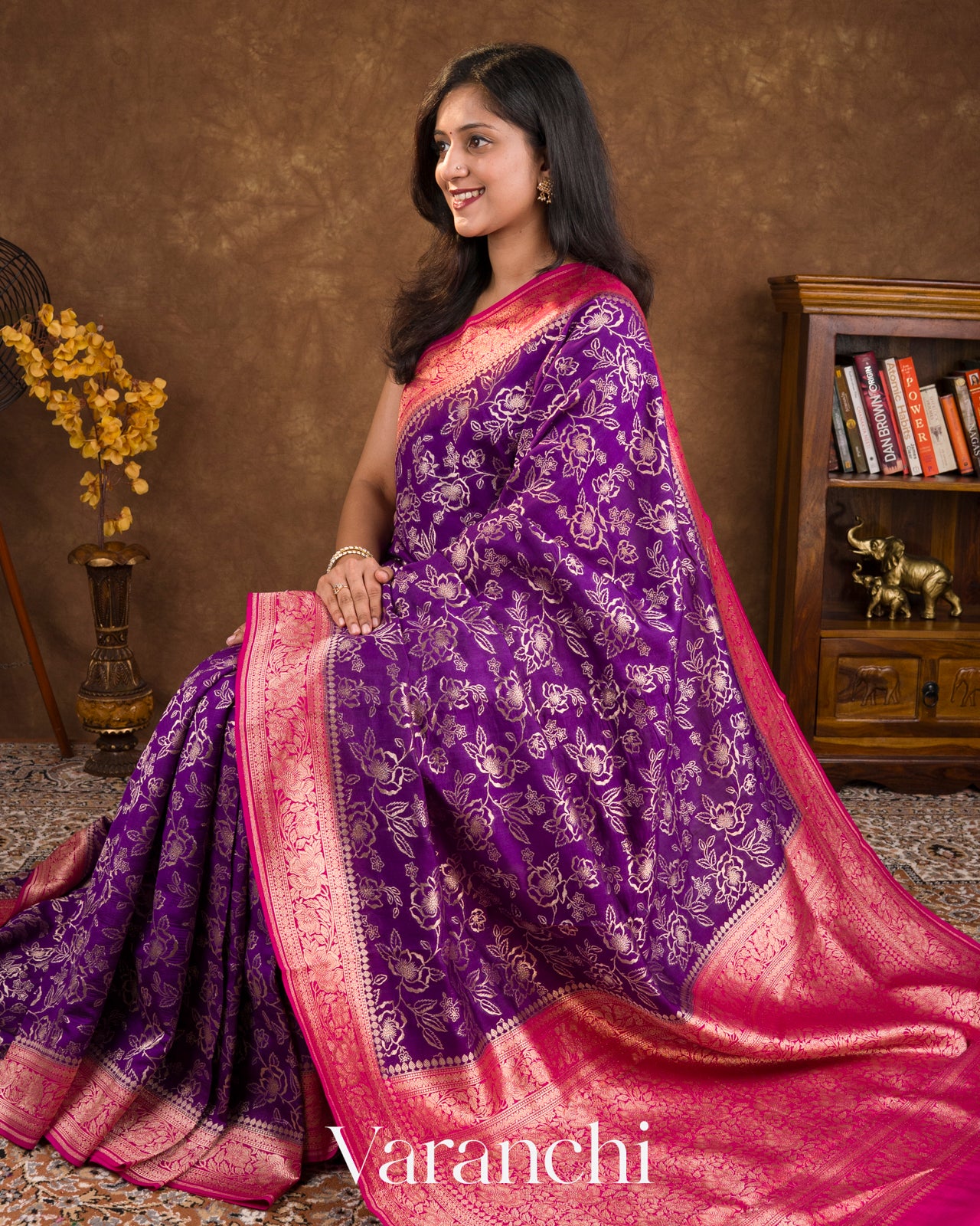 Purple Floral Brocade Pure Chiniya Silk Saree 