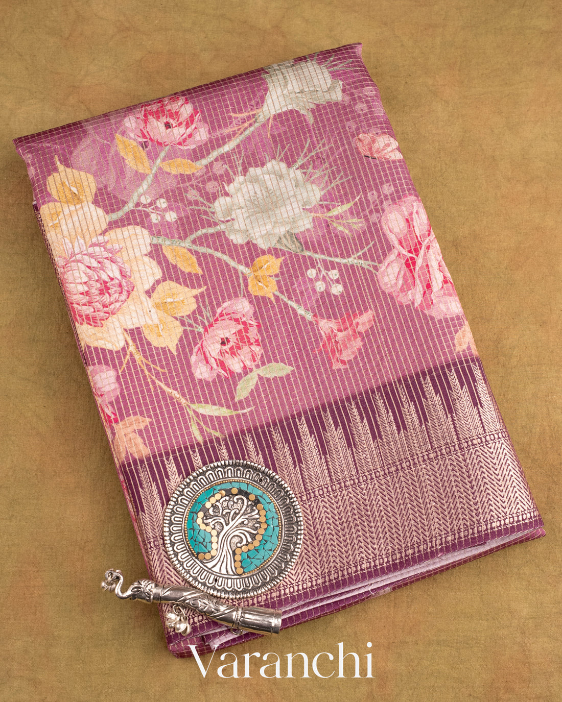 Eggplant Purple Floral Printed Pure Chiniya Silk Saree
