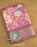 Eggplant Purple Floral Printed Pure Chiniya Silk Saree