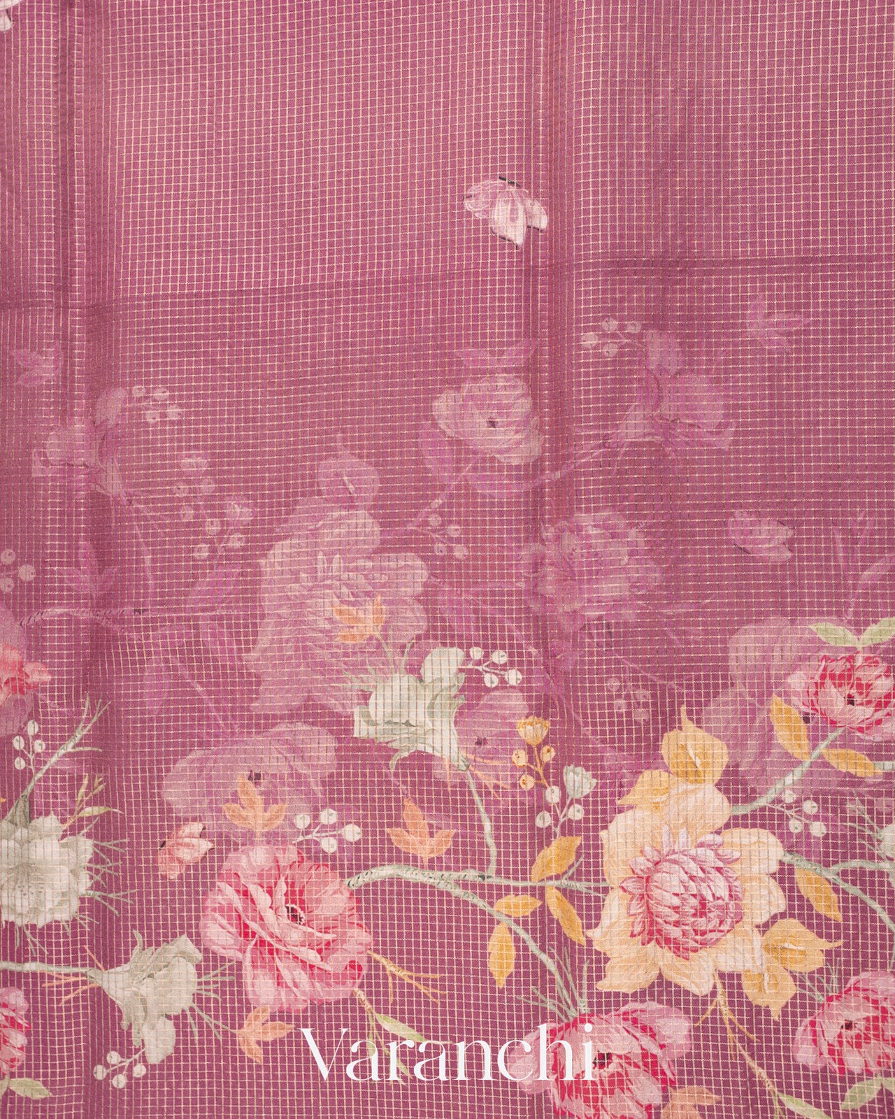 Eggplant Purple Floral Printed Pure Chiniya Silk Saree