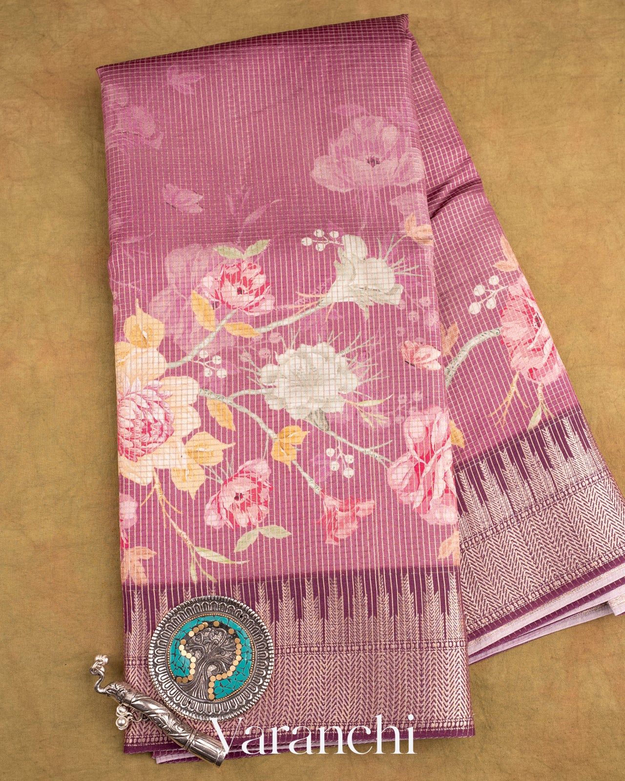 Eggplant Purple Floral Printed Pure Chiniya Silk Saree