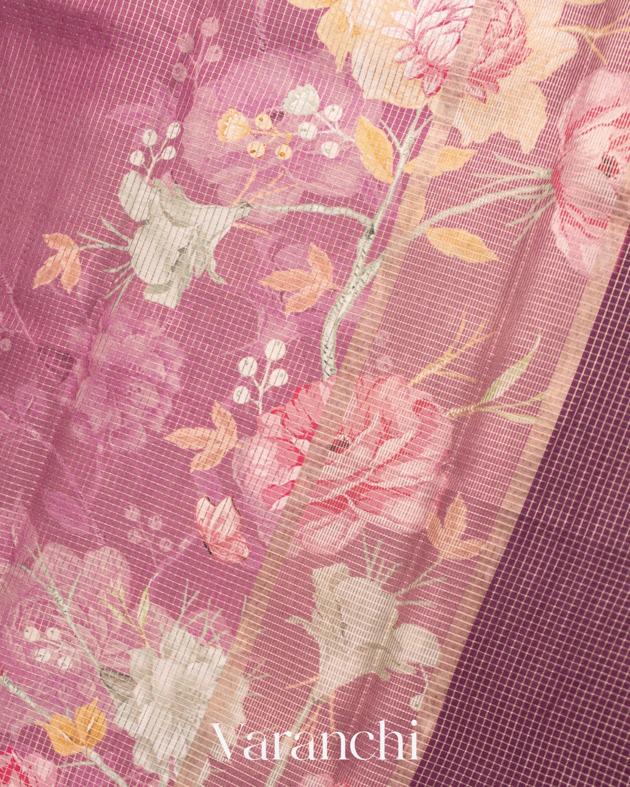 Eggplant Purple Floral Printed Pure Chiniya Silk Saree