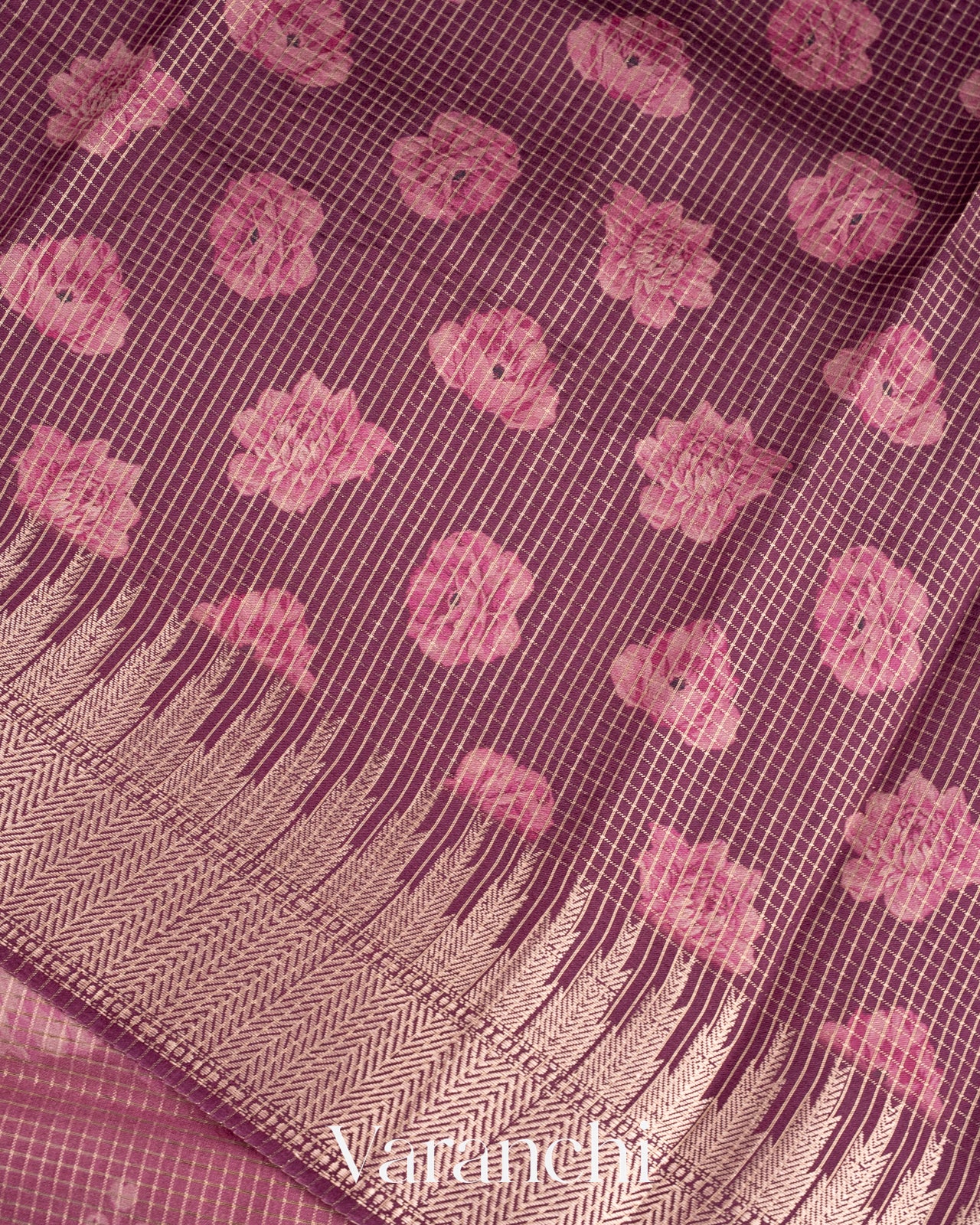 Eggplant Purple Floral Printed Pure Chiniya Silk Saree