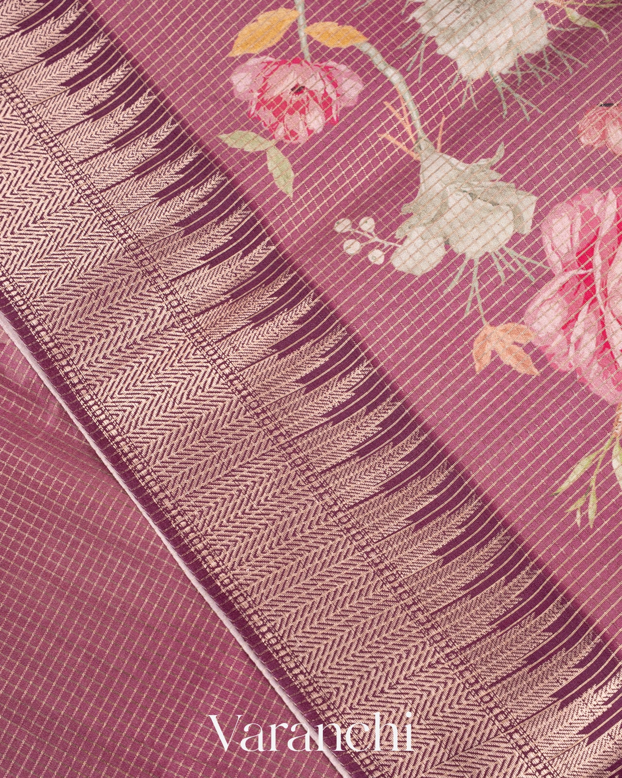 Eggplant Purple Floral Printed Pure Chiniya Silk Saree