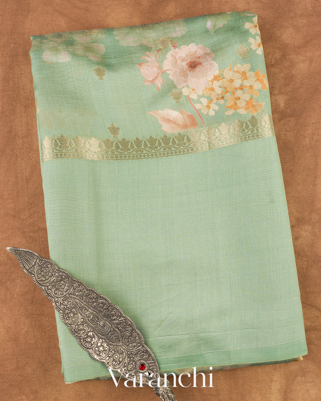 Sea Green Digital Printed Pure Chiniya Silk Saree