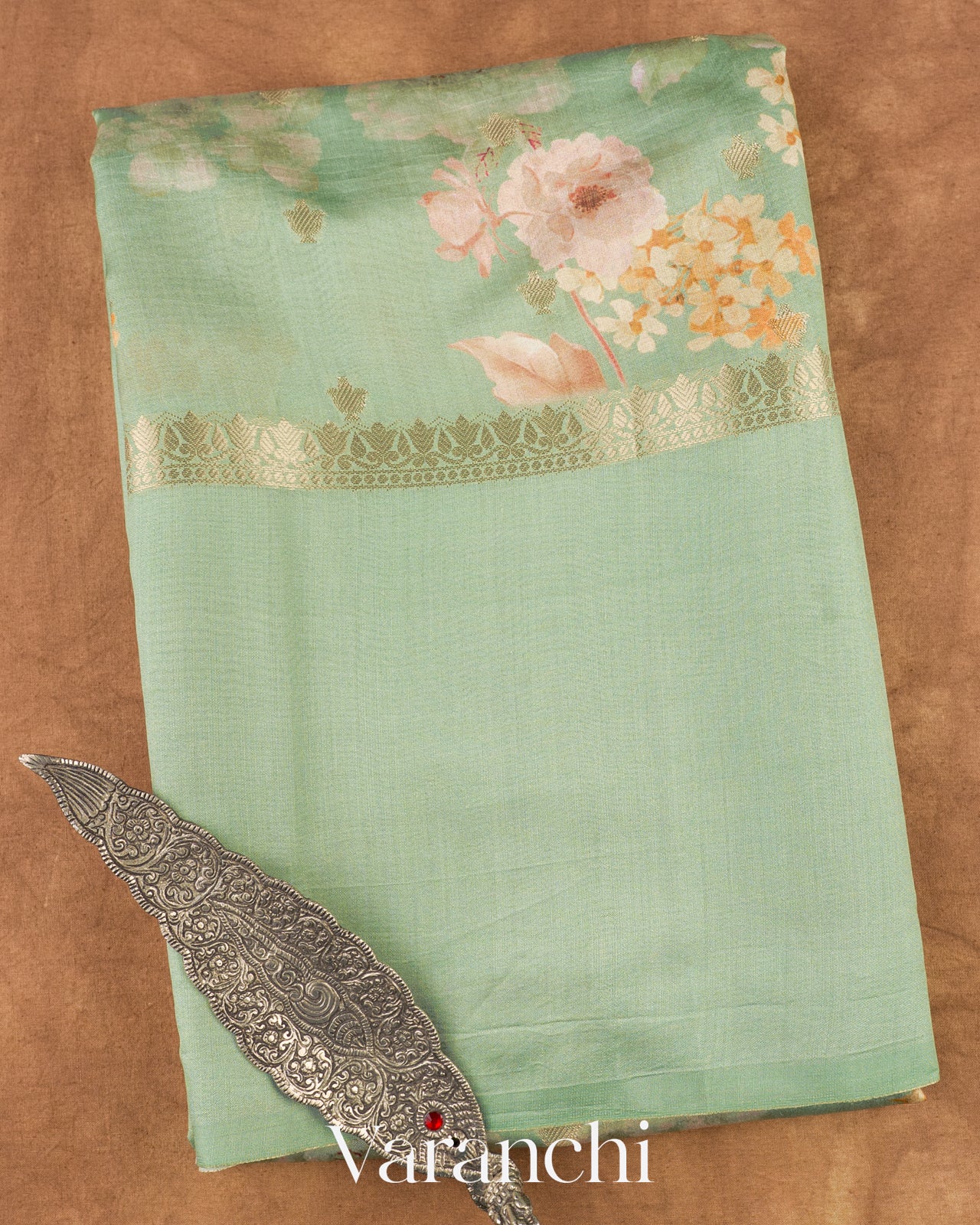 Sea Green Digital Printed Pure Chiniya Silk Saree