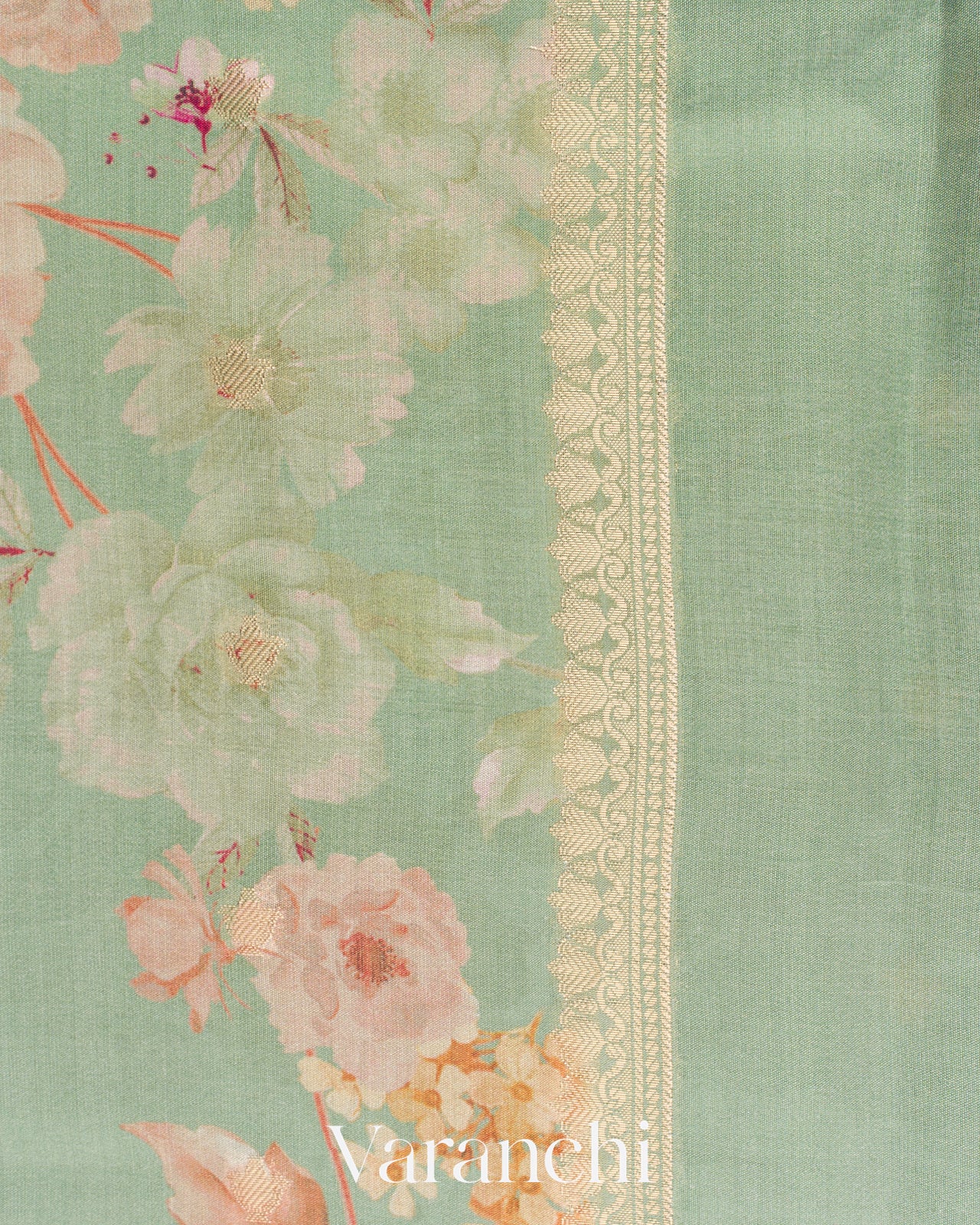 Sea Green Digital Printed Pure Chiniya Silk Saree