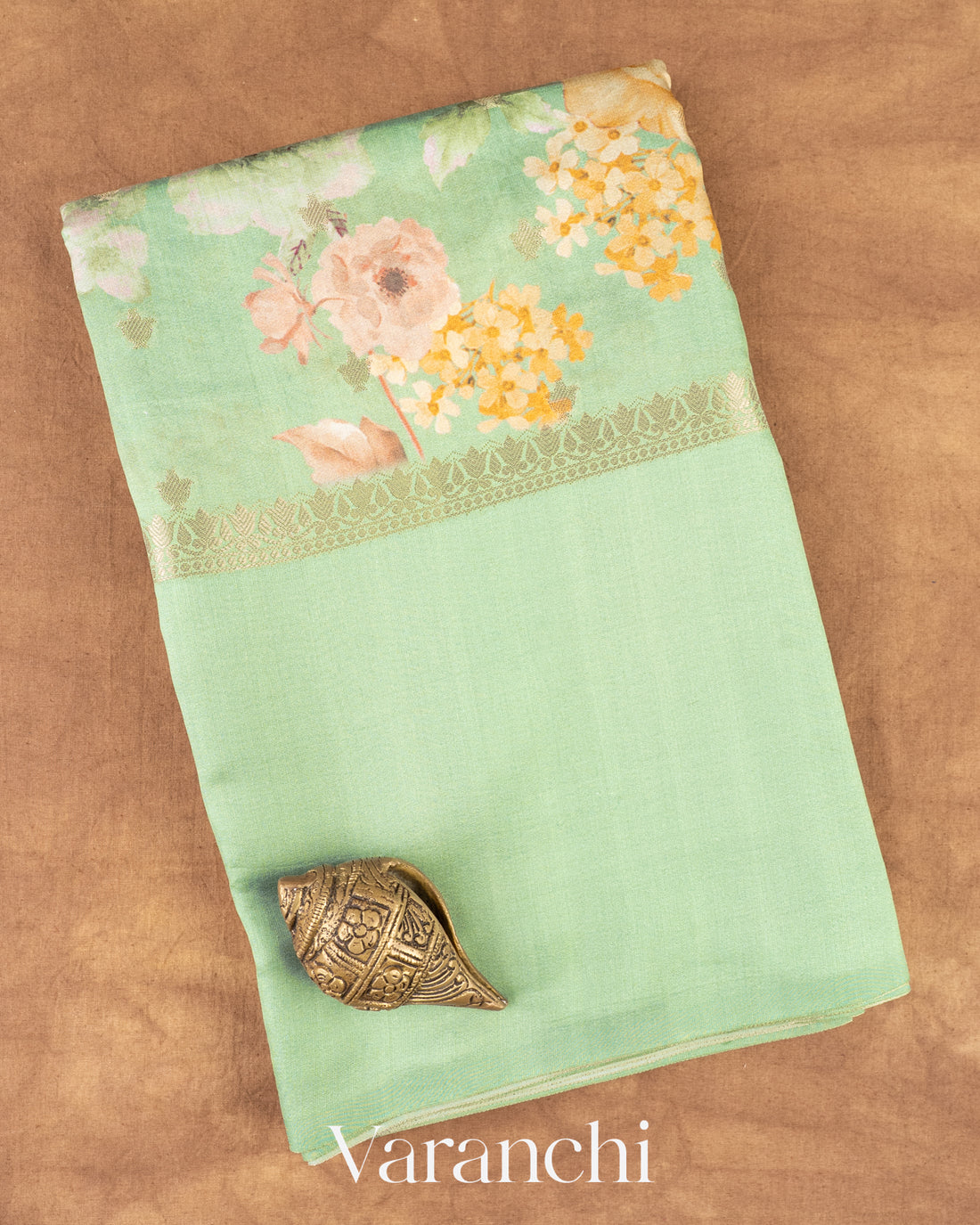 Pastel Mint Green Digital Printed Pure Chiniya Silk Saree
