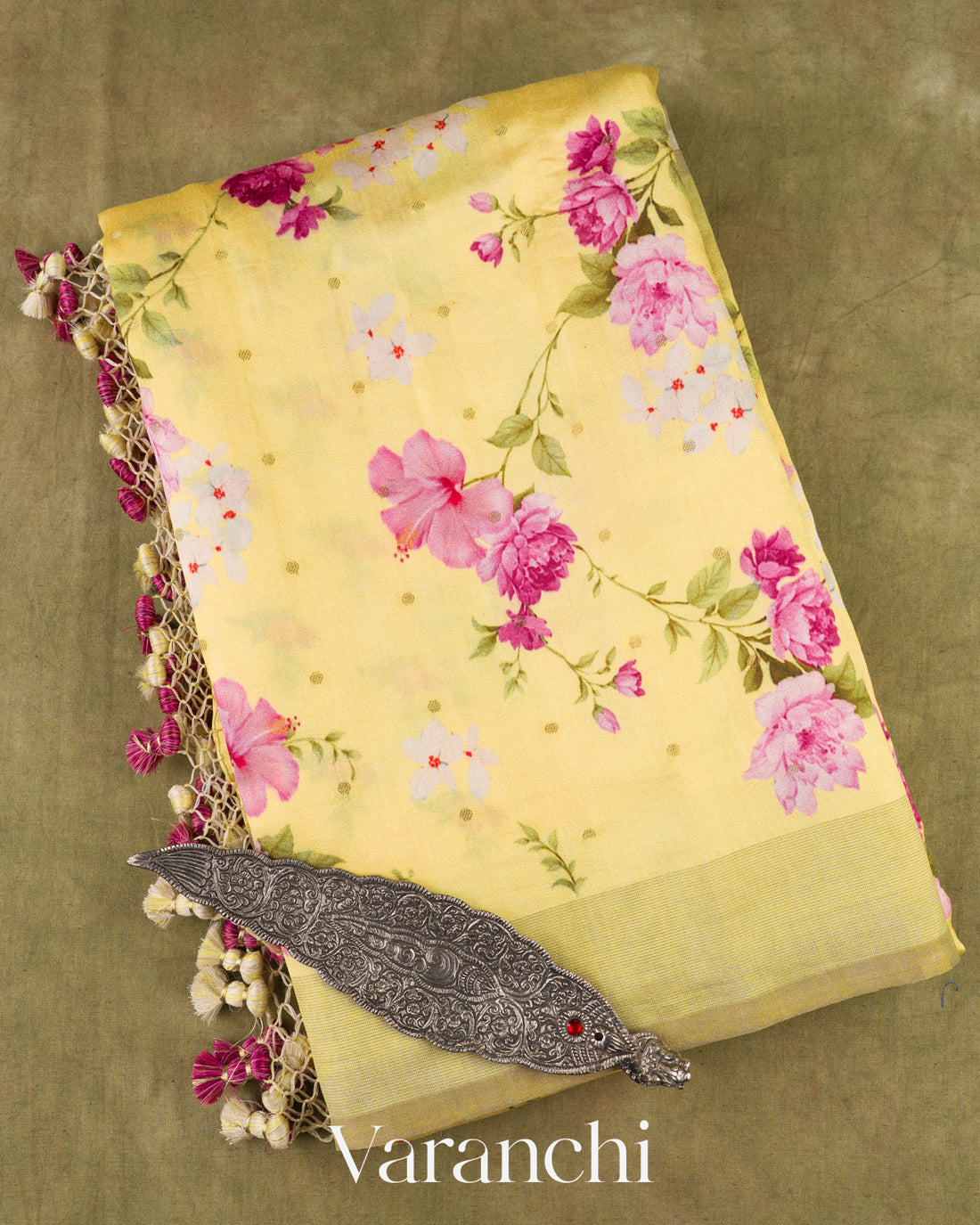 Butter Yellow Digital Printed Pure Chiniya Silk Saree