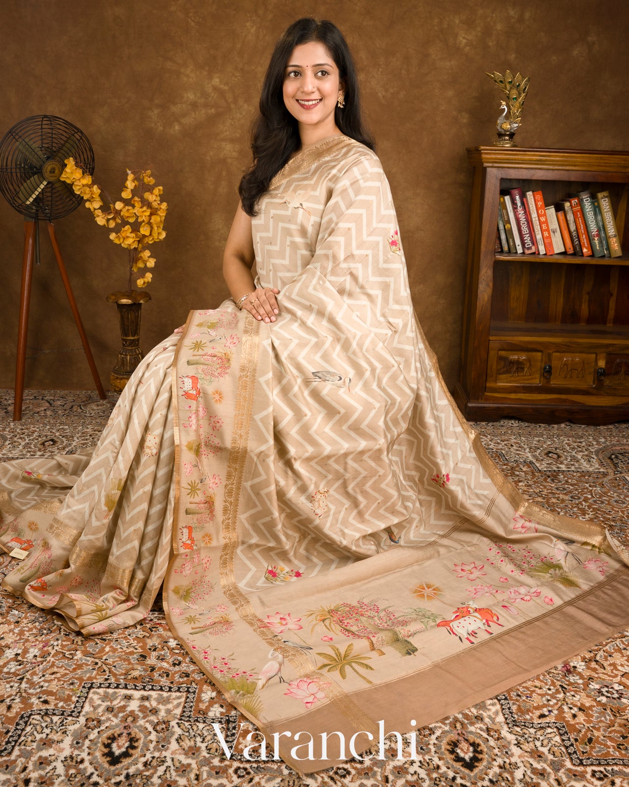 Warm Beige Digital Printed Pure Chinya Silk Saree