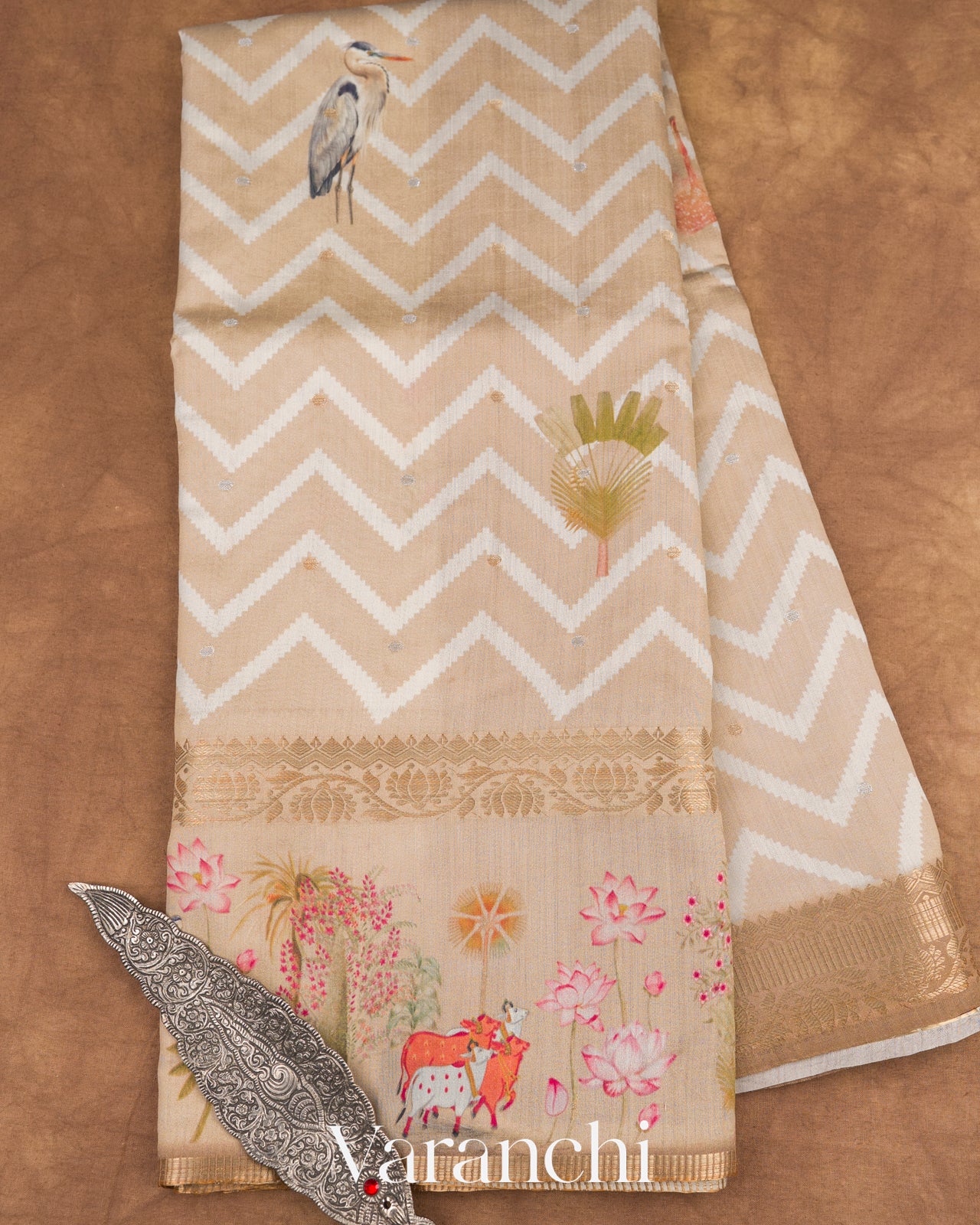 Warm Beige Digital Printed Pure Chiniya Silk Saree