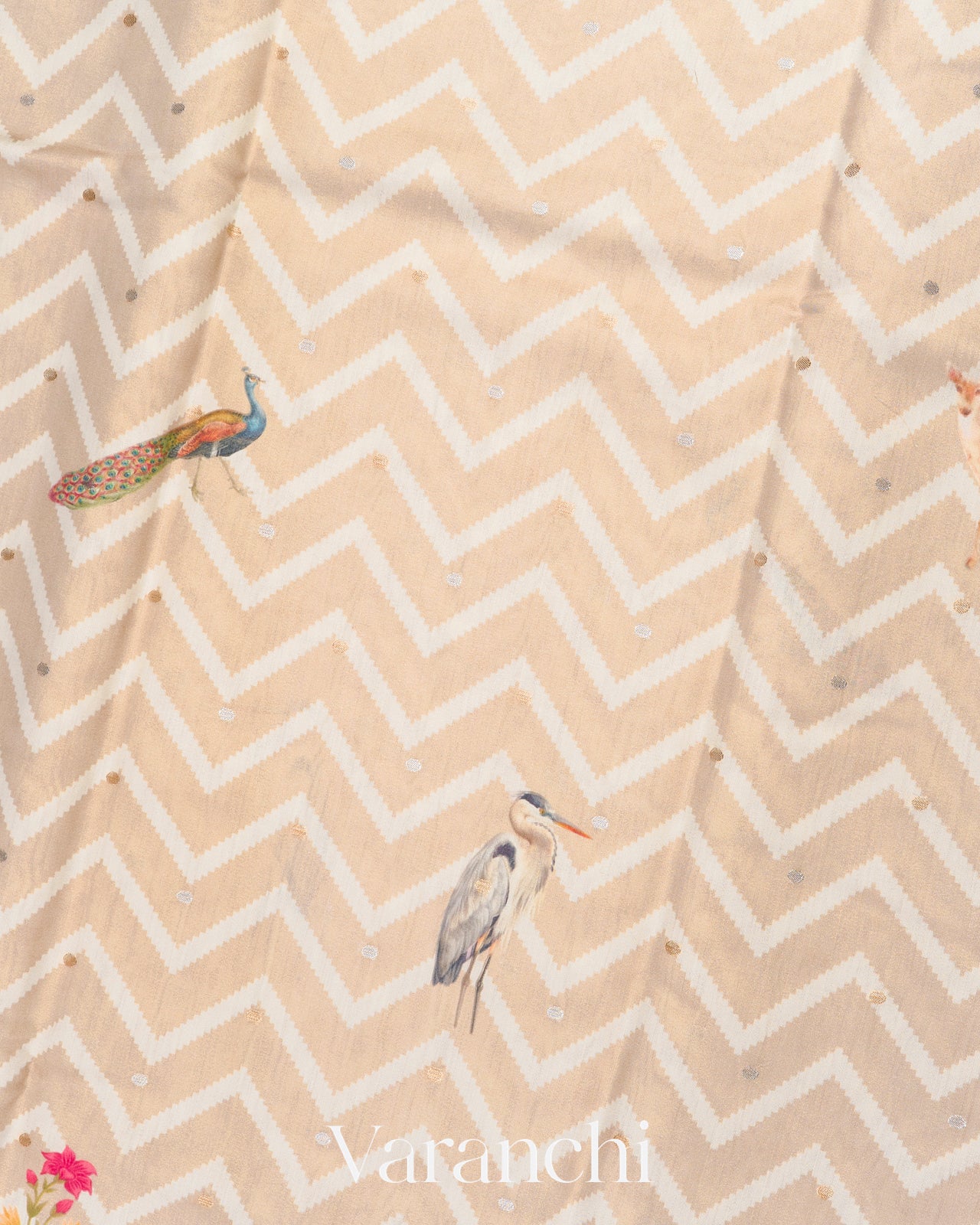 Warm Beige Digital Printed Pure Chiniya Silk Saree