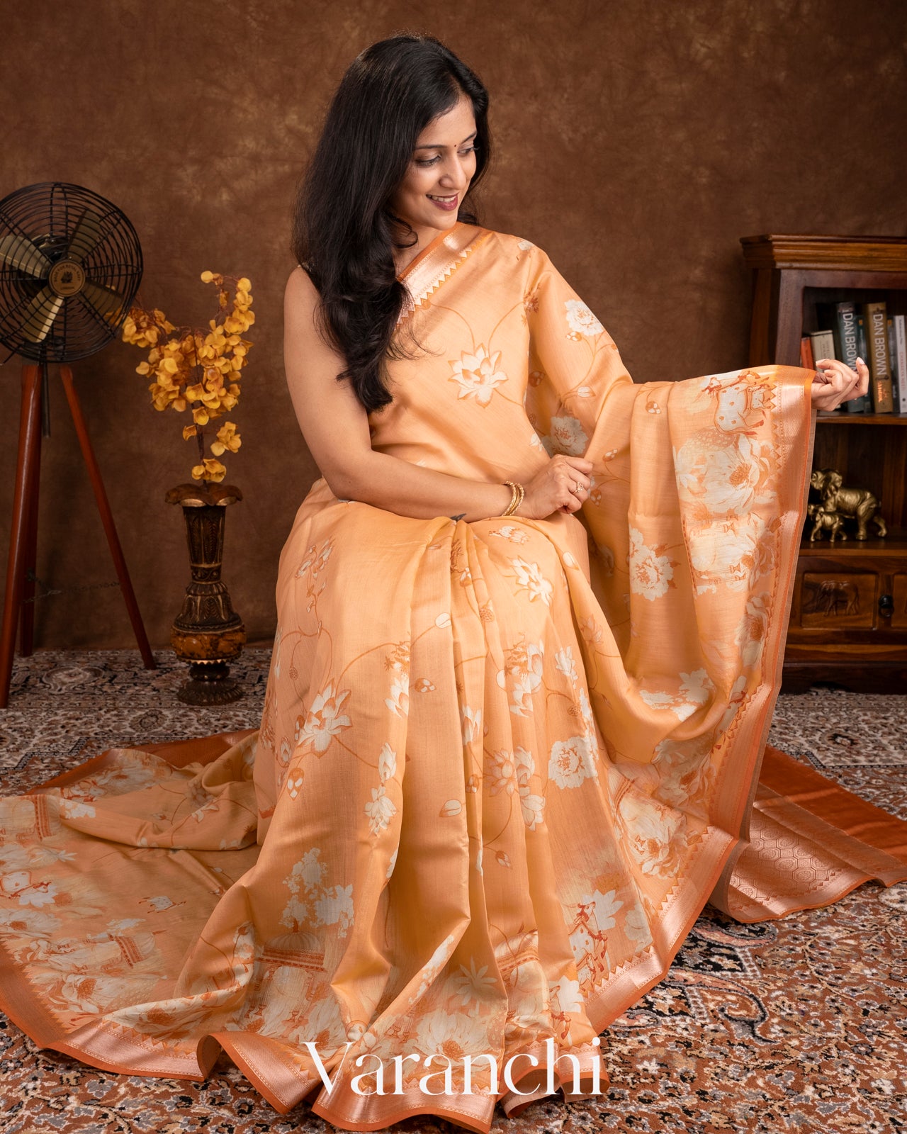 Soft Peach Floral Printed Pure Chiniya Silk Saree