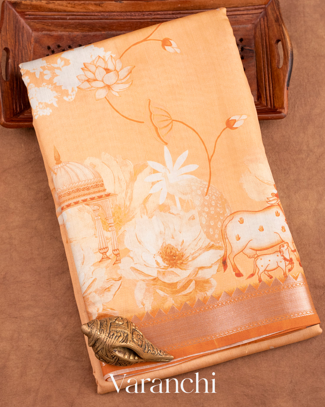 Soft Peach Floral Printed Pure Chiniya Silk Saree