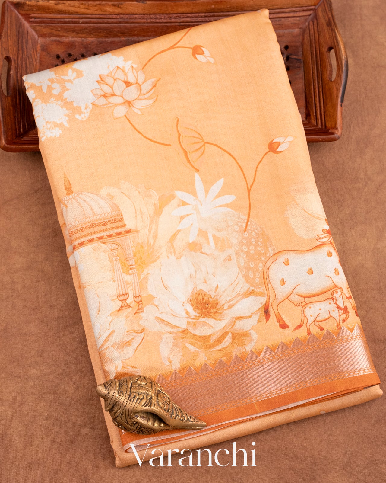 Soft Peach Floral Printed Pure Chiniya Silk Saree
