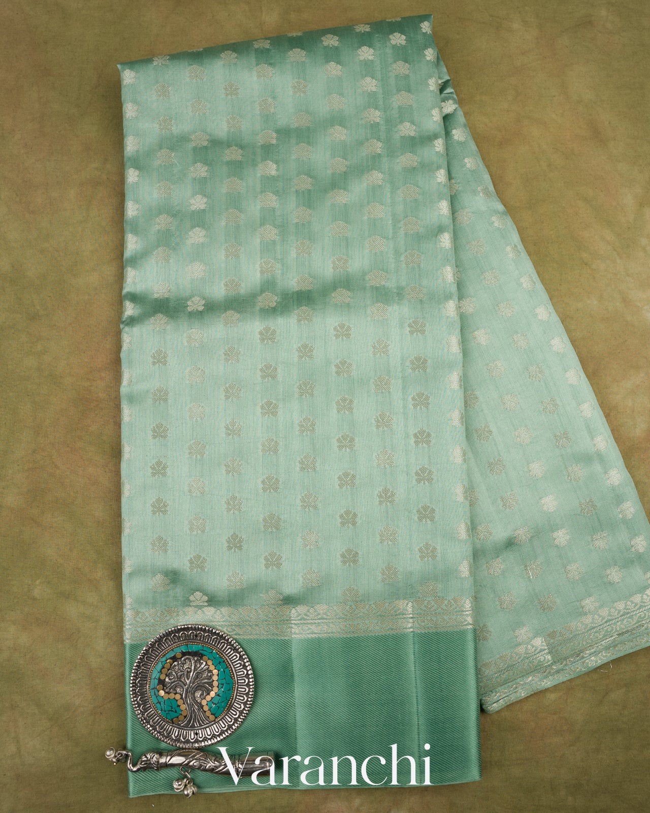 Pale Sage Green Pure Chiniya Silk Saree