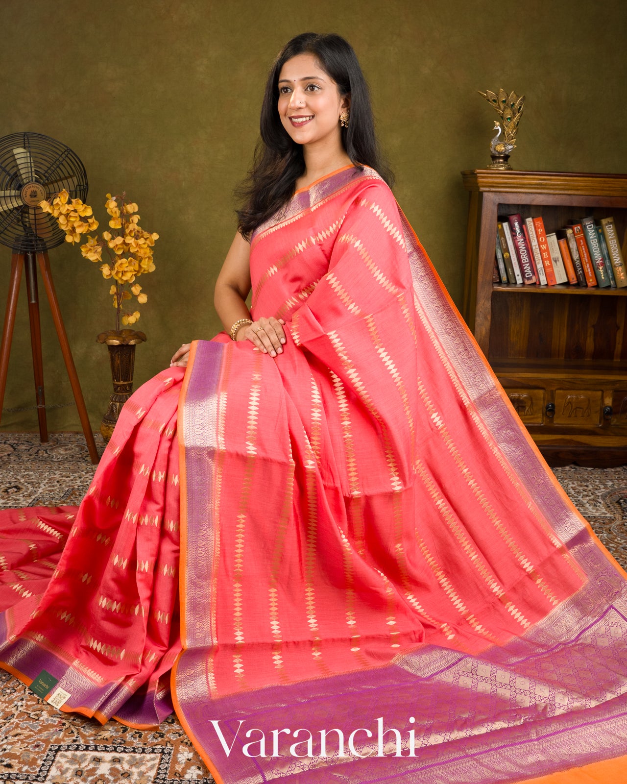 Coral Pink Pure Chiniya Silk Saree