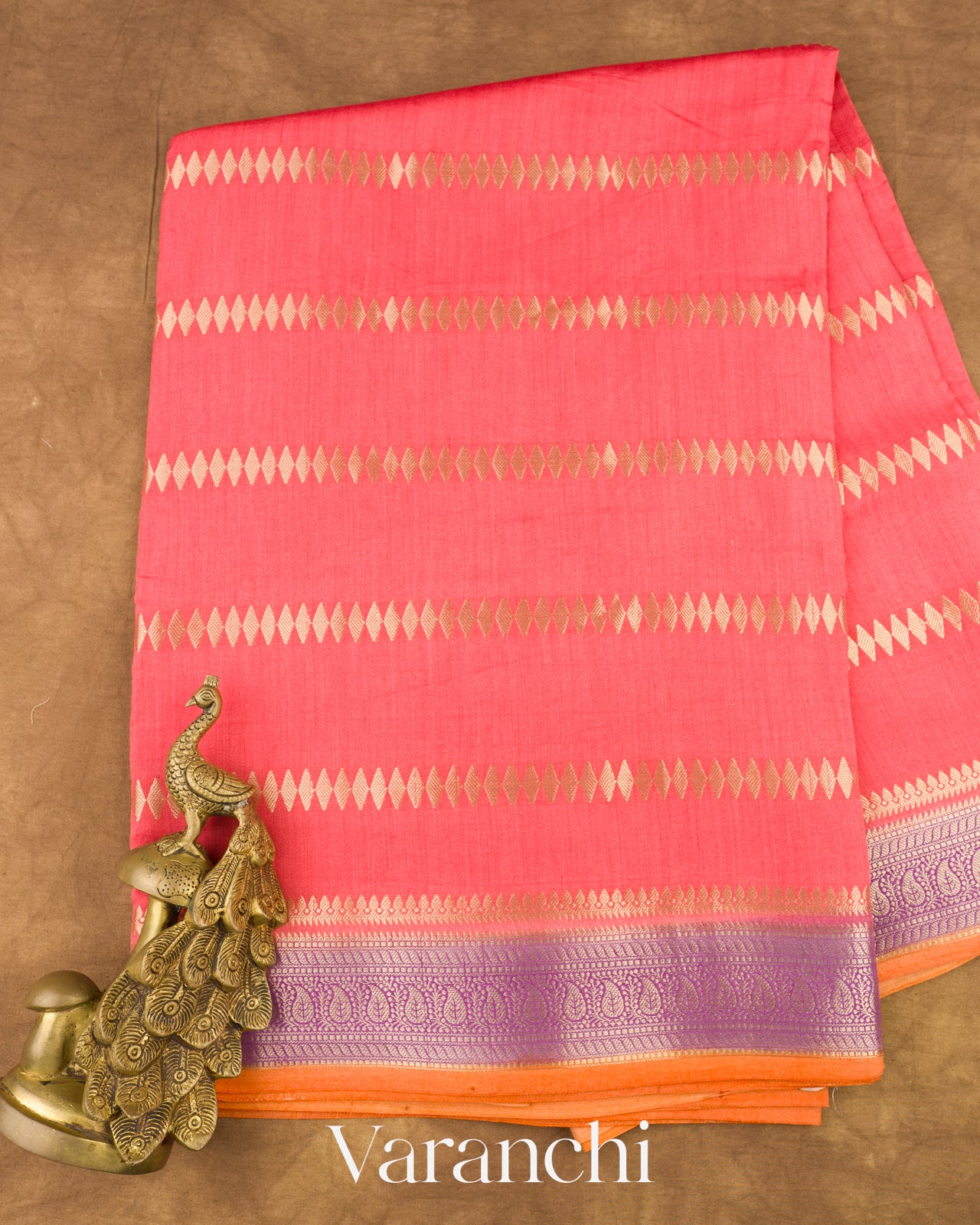 Coral Pink Pure Chiniya Silk Saree