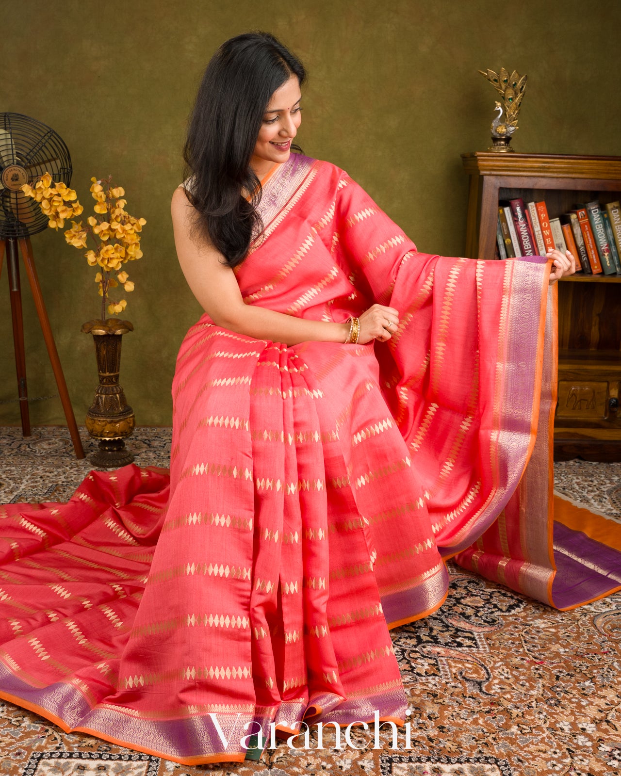 Coral Pink Pure Chiniya Silk Saree