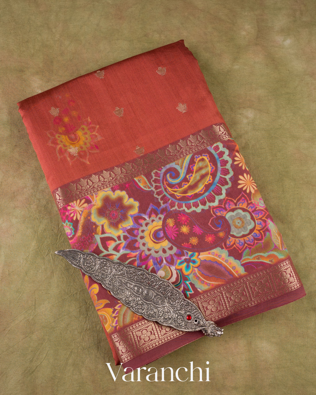 Rust Brown Digital Printed Pure Chiniya Silk Saree