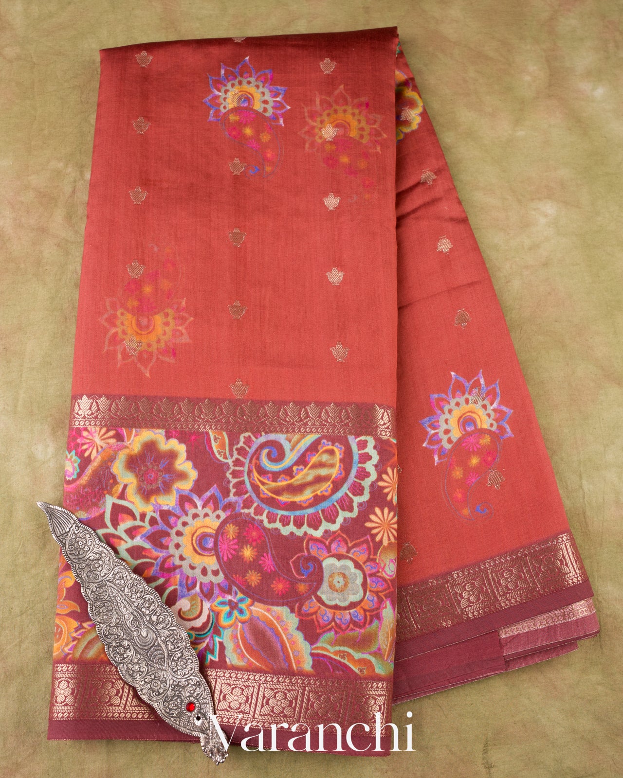 Rust Brown Digital Printed Pure Chiniya Silk Saree