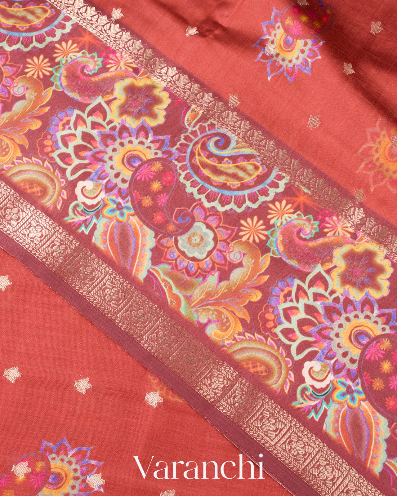 Rust Brown Digital Printed Pure Chiniya Silk Saree