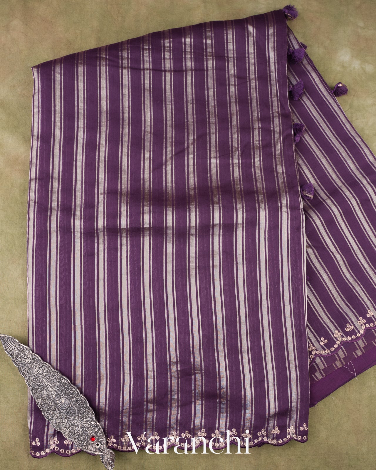 Deep Purple Pure Cotton With Tissue Striped Saree 