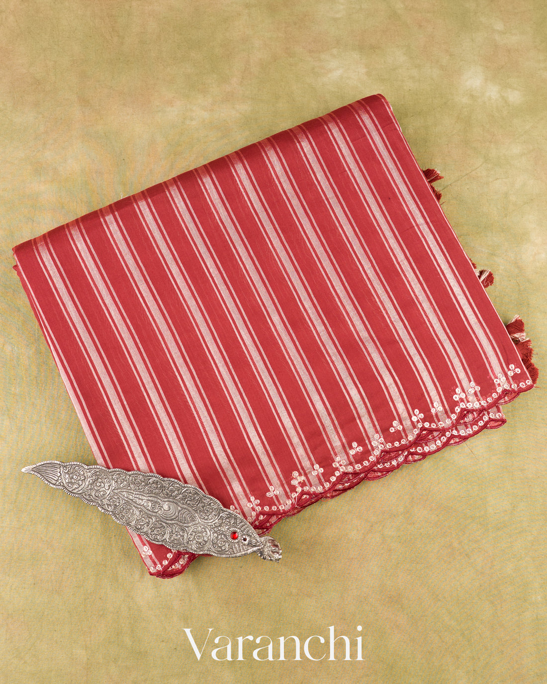 Brick Red Pure Cotton With Tissue Striped Saree 