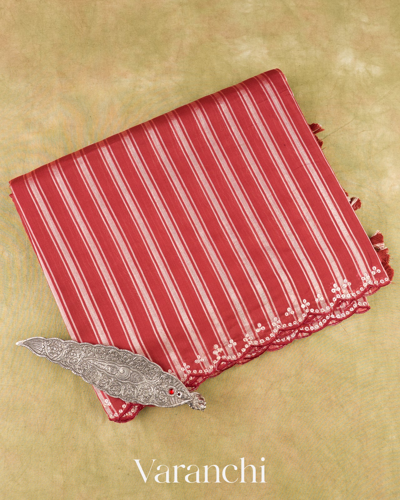 Brick Red Pure Cotton With Tissue Striped Saree 